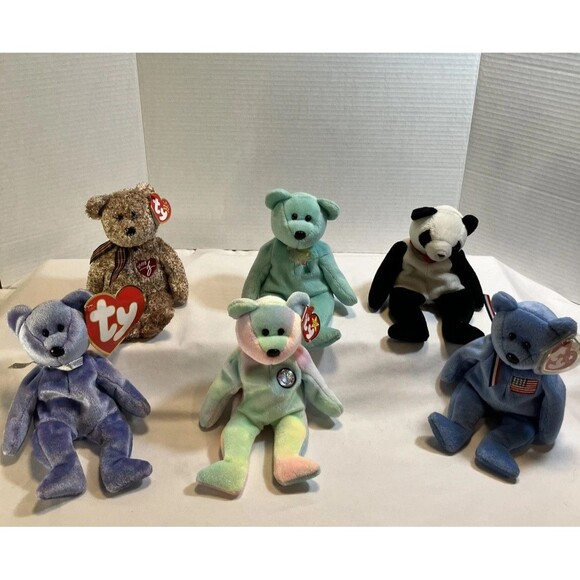 Lot Of Ty Beanie Baby America, Ariel, Birthday, Clubby II, Panda, Signature Bear - Picture 1 of 16